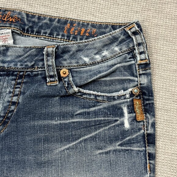 Silver Jeans Womens Blue Distressed Denim Tina Bootcut Double Button Waist Sz 32 - Picture 5 of 16